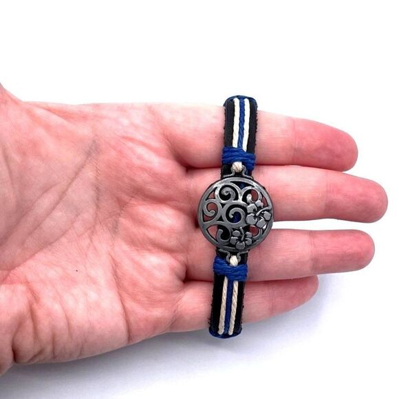 Black Faux Leather with Hemp Cord and Silver Hibiscus Boho Bracelet - Picture 6 of 8